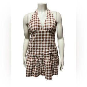 NWT Free People Sz L Cecil Checker Print Halter Neck Mini Dress Open Back Plunge